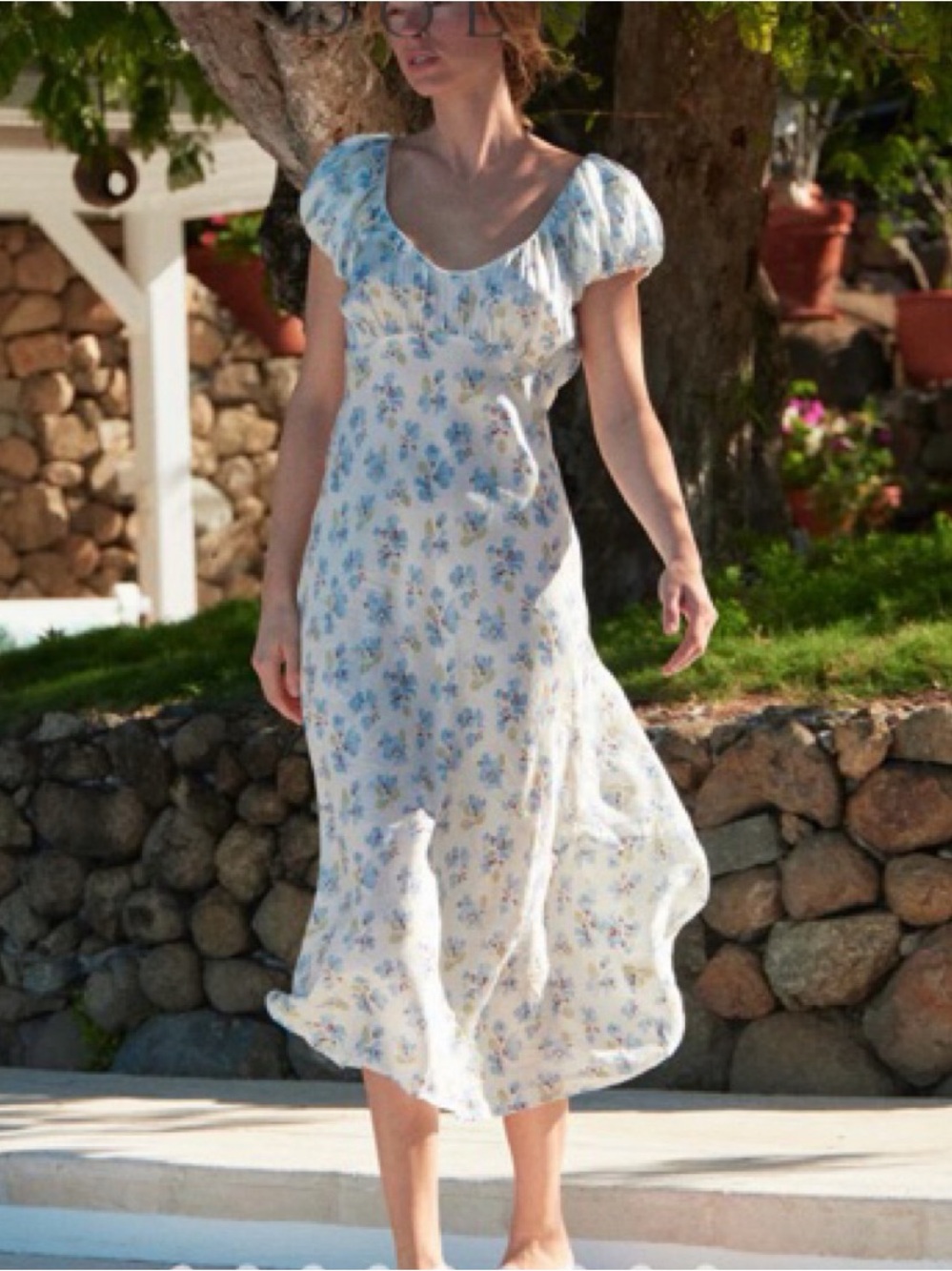 Doen Florencia Blue Floral Puff-Sleeve Maxi Dress